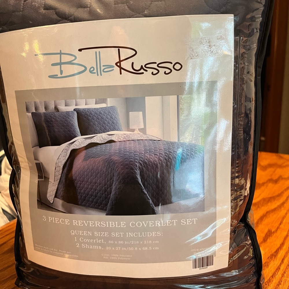 NWT Bella Russo Queen size navy coverlet set. Never used.